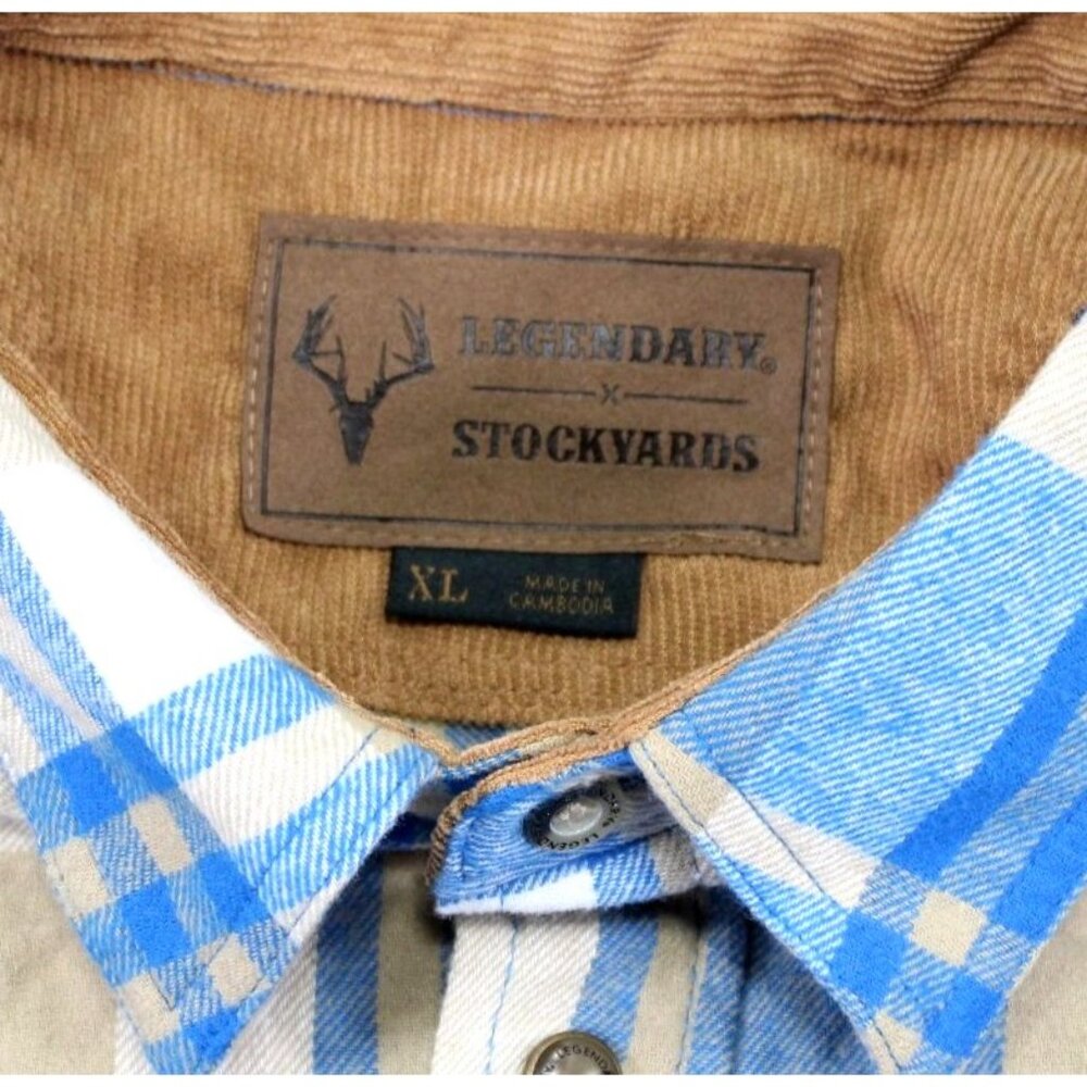Legendary Stockyards Mens XL Plaid Flannel Shirt Blue & Tan 100% Cotton - Picture 4 of 12